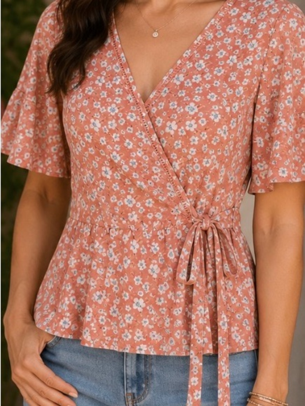 Sienna Sky Rust Floral Tie-Waist Peplum Blouse